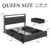 Queen Upholstered Bed Frame with 4 Drawers, Grey, view 2