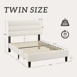 Twin Upholstered Bed Frame with LED, Beige, view 2