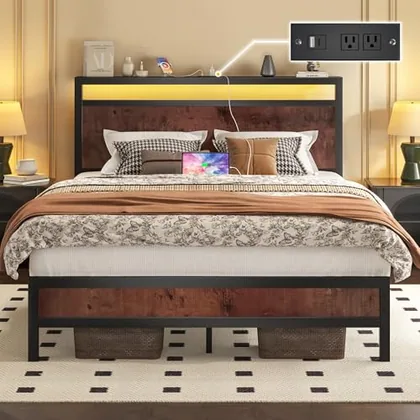Full Metal Bed Frame with Storage, Brown