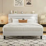 Queen Upholstered Bed Frame with LED, White, view 1