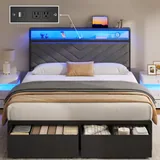 Full Upholstered Bed Frame with 2 Drawers, Grey, view 1