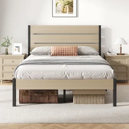 Full Metal Bed Frame with Storage, Beige
