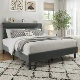 Full Upholstered Bed Frame with Headboard, Grey, view 6