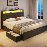 Queen Upholstered Bed Frame with 4 Drawers, Grey, view 7