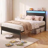Twin Metal Bed Frame with Charging Station, Black, view 7
