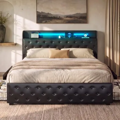 Queen Upholstered Bed Frame with 4 Drawers, Black