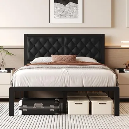 Full Upholstered Bed Frame with Storage, Black
