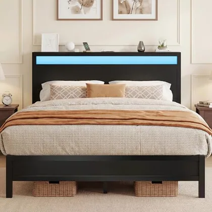 Queen Metal Bed Frame with Storage, Black