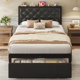 Twin Upholstered Bed Frame with Storage, Black, view 1