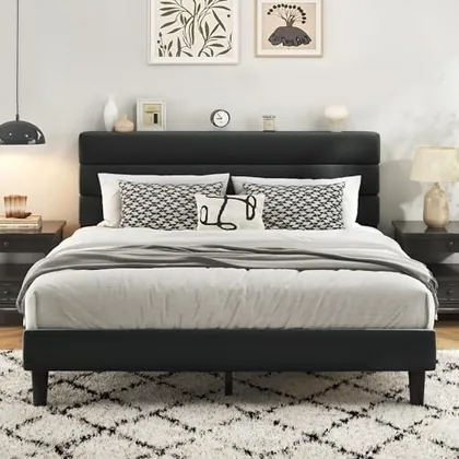 Queen Upholstered Bed Frame with LED, Black