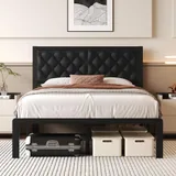 Full Upholstered Bed Frame with Storage, Black, view 1