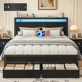Queen Upholstered Bed Frame with 2 Drawers, Black, view 1