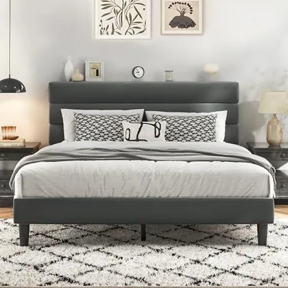 Queen Upholstered Bed Frame with Headboard, Grey