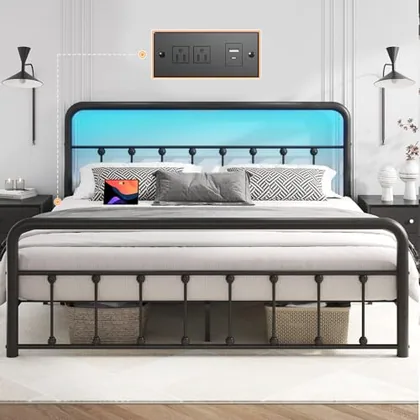 Queen 14 Inch Metal Bed Frame with Storage, Black