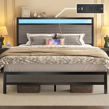 Queen Metal Bed Frame with Storage, Grey